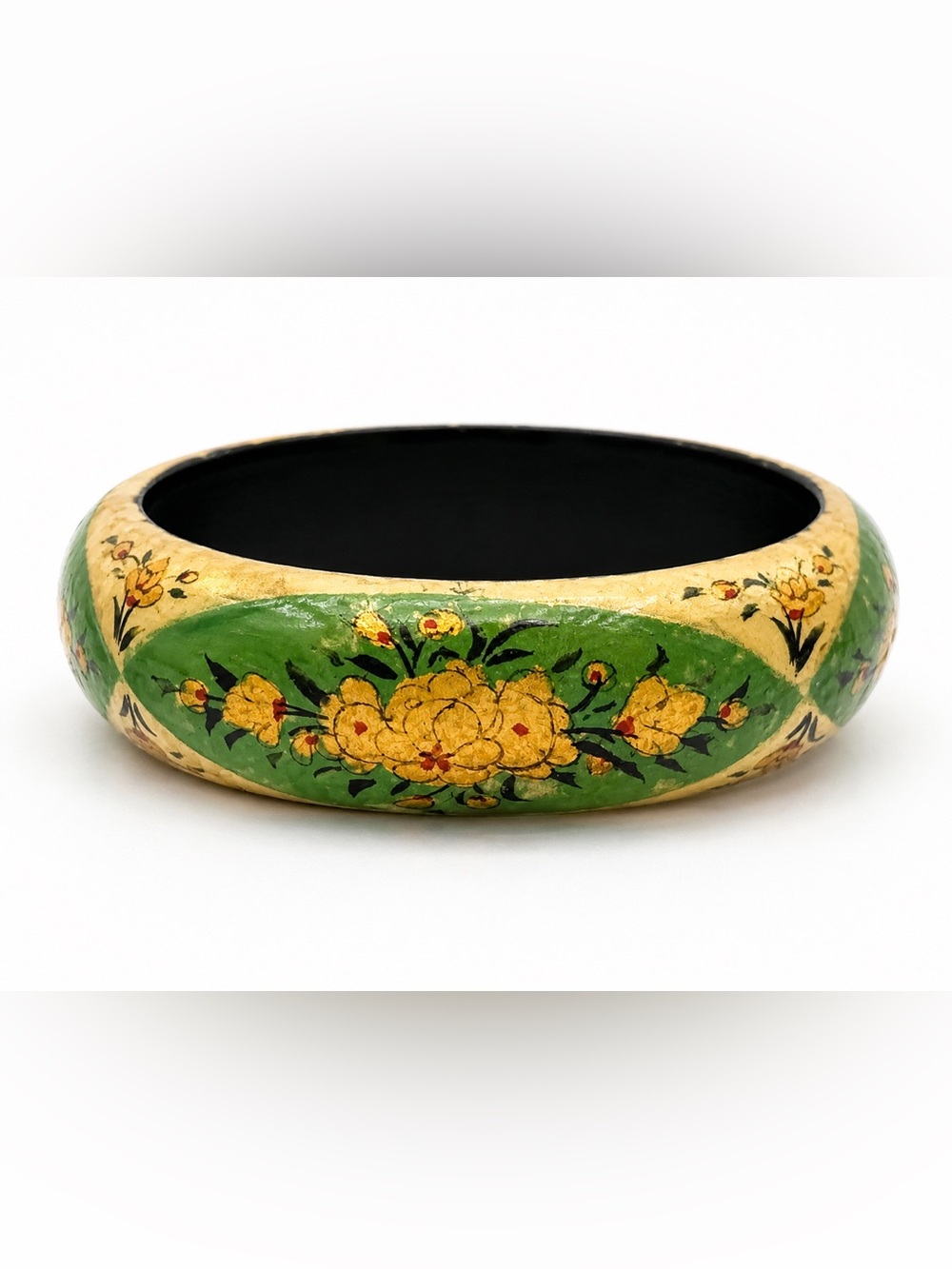 Vintage Hand Painted Wooden Floral Bangle Bracelet Green Gold Boho Cottagecore